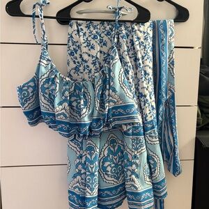 Blue and White Patterned Three-Piece Set